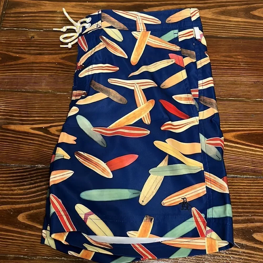 NWOT Penguin Mens Swimwear, Surfboard Print, Size 30